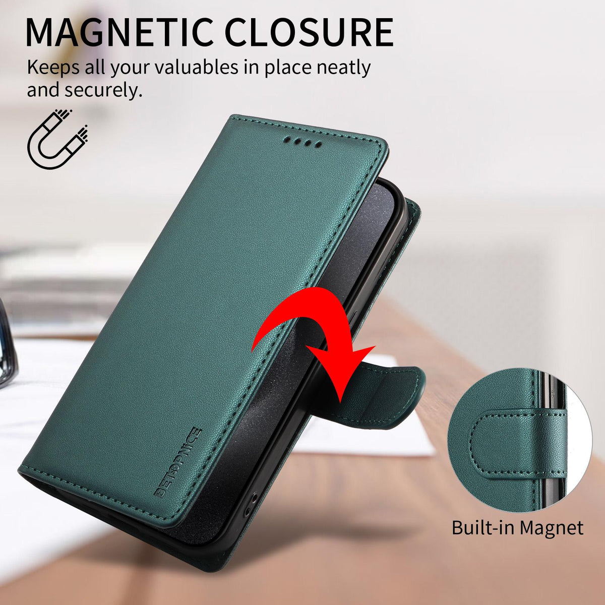 Compatible with iPhone 18 Pro Max BETOPNICE Pearlescent RFID Vegan Leather Phone Case with Strap - Green