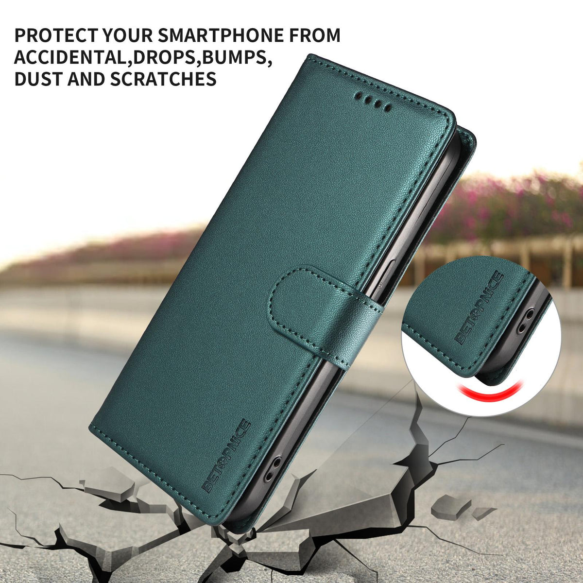 Compatible with iPhone 18 Pro Max BETOPNICE Pearlescent RFID Vegan Leather Phone Case with Strap - Green