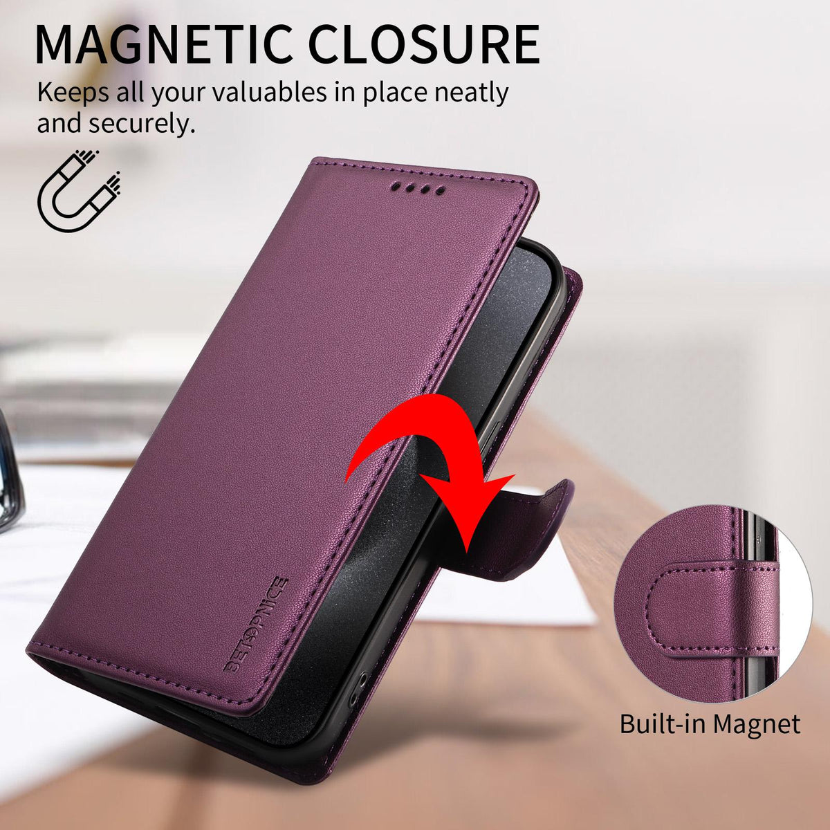 Compatible with iPhone 18 Pro Max BETOPNICE Pearlescent RFID Vegan Leather Phone Case with Strap - Purple