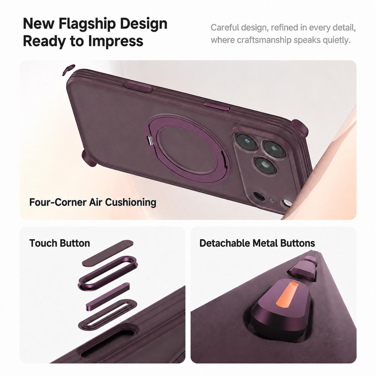 Compatible with iPhone 18 Pro Max Textured Non-slip Shockproof Magnetic Phone Case with Holder - Black