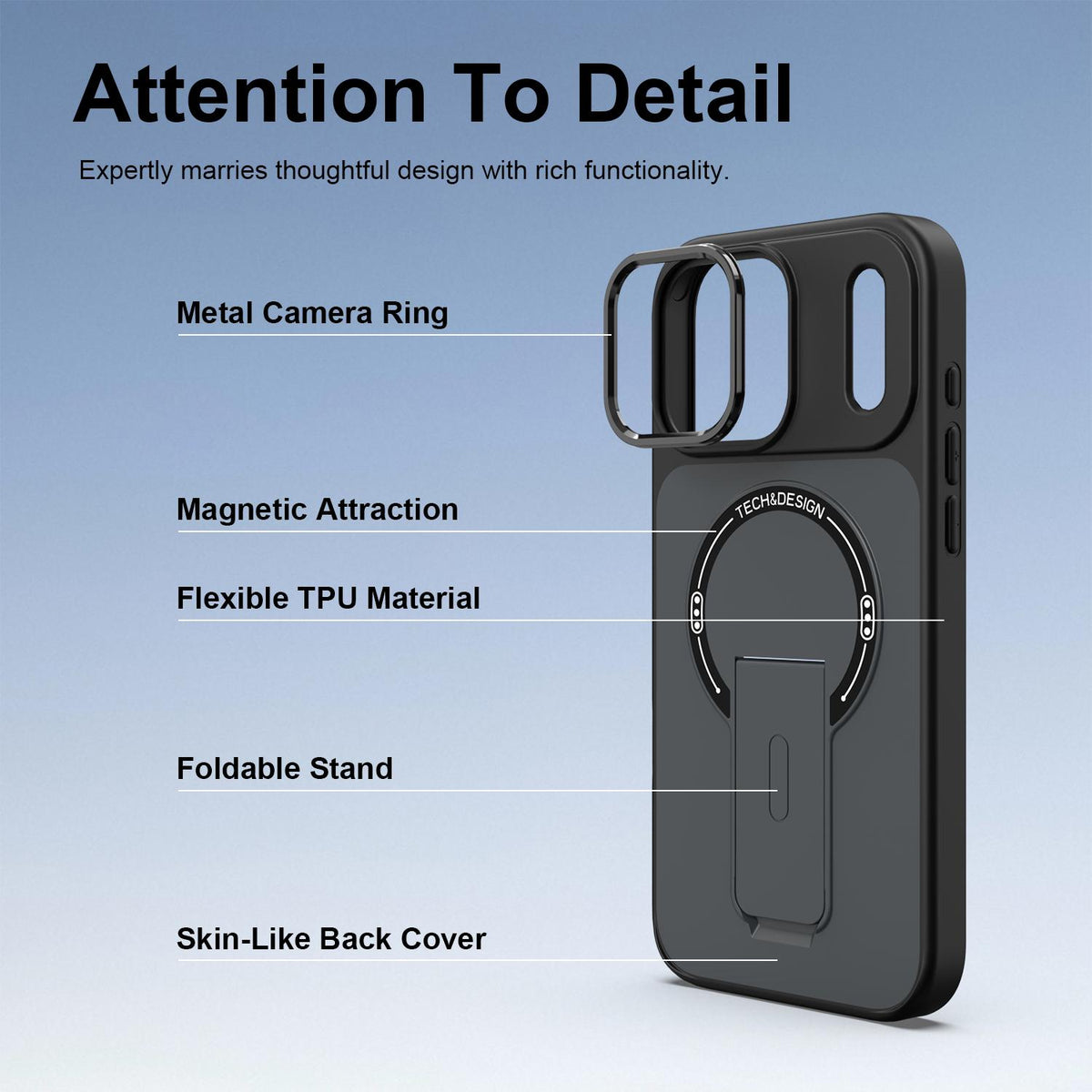 Compatible with iPhone 18 Pro Max Skin-Feel TPU Dual-Layer PC Magnetic Phone Case with Kickstand - Black