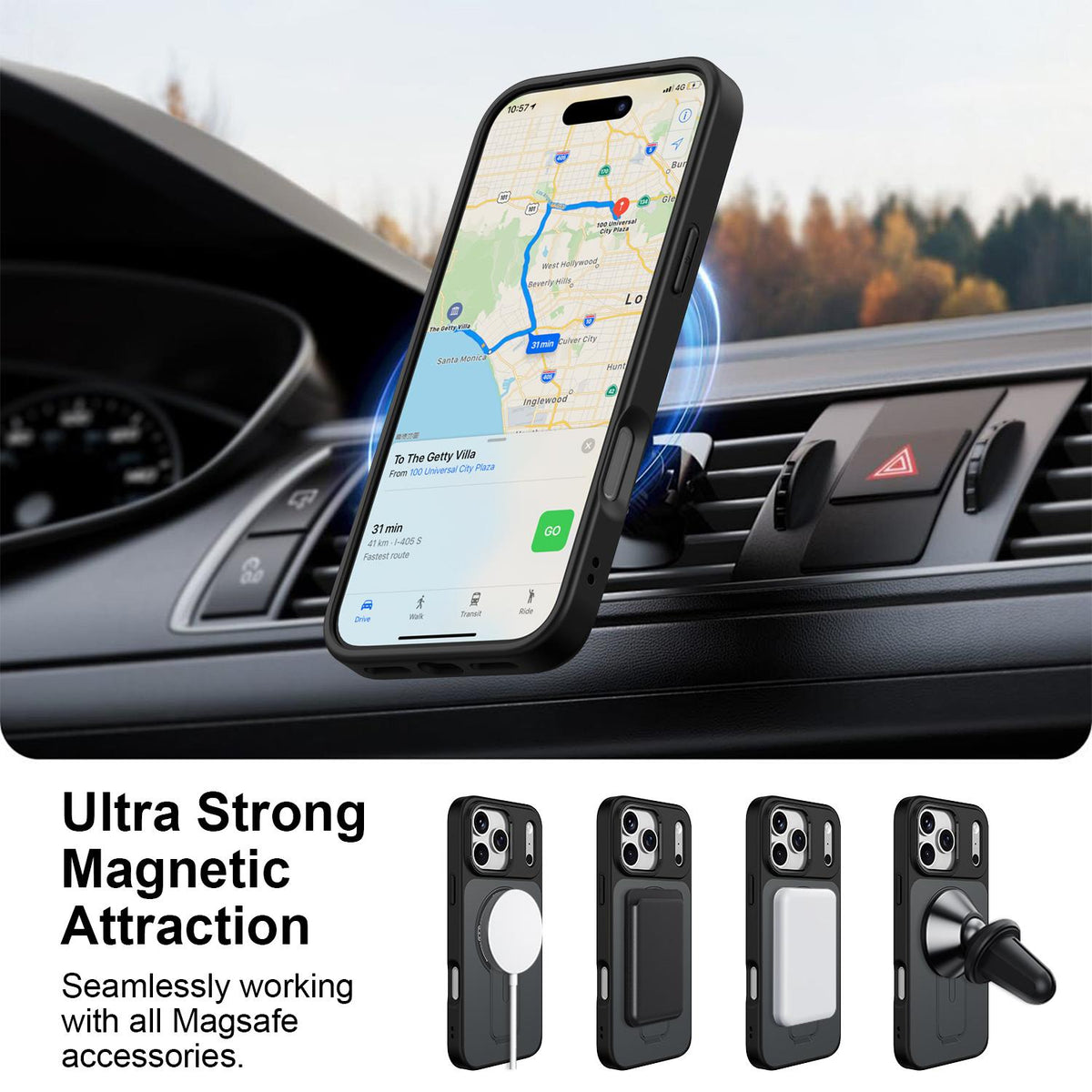 Compatible with iPhone 18 Pro Max Skin-Feel TPU Dual-Layer PC Magnetic Phone Case with Kickstand - Black