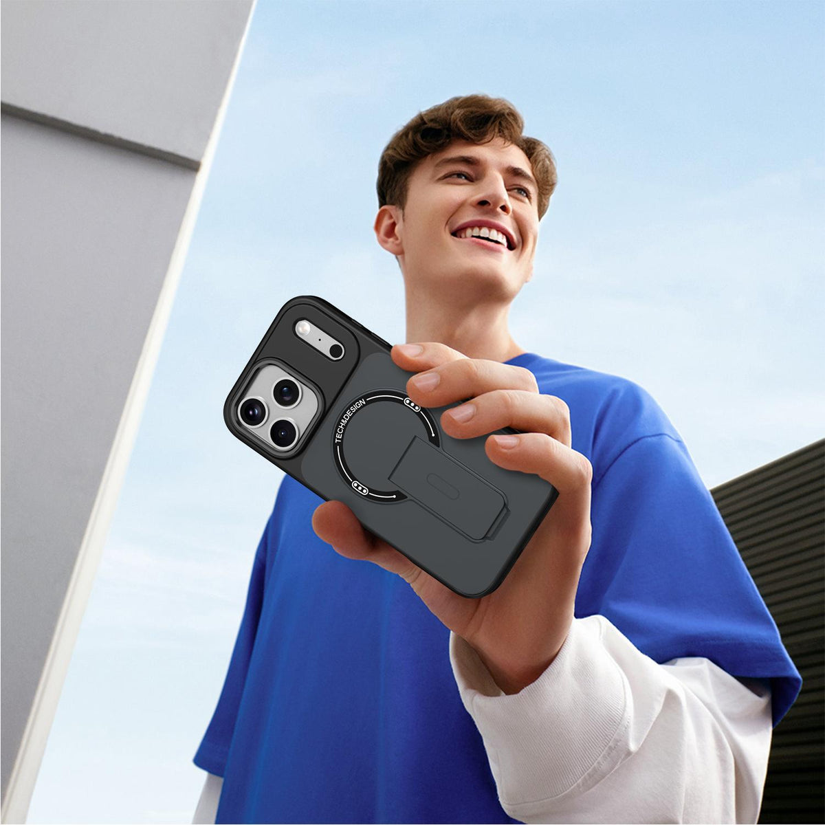 Compatible with iPhone 18 Pro Max Skin-Feel TPU Dual-Layer PC Magnetic Phone Case with Kickstand - Black