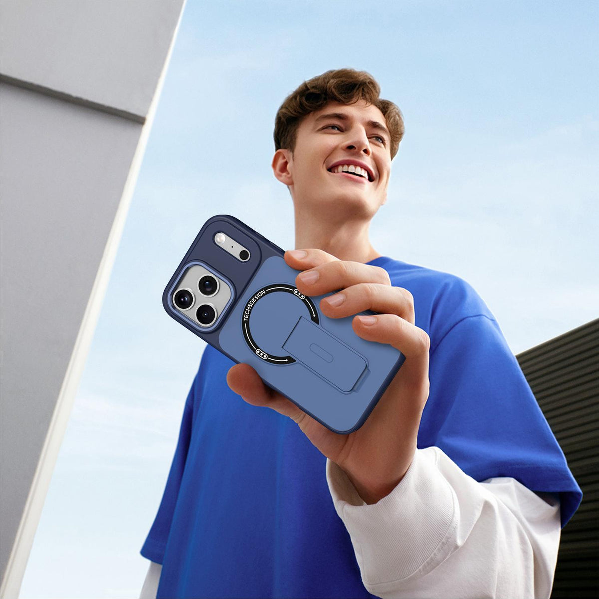 Compatible with iPhone 18 Pro Max Skin-Feel TPU Dual-Layer PC Magnetic Phone Case with Kickstand - Blue
