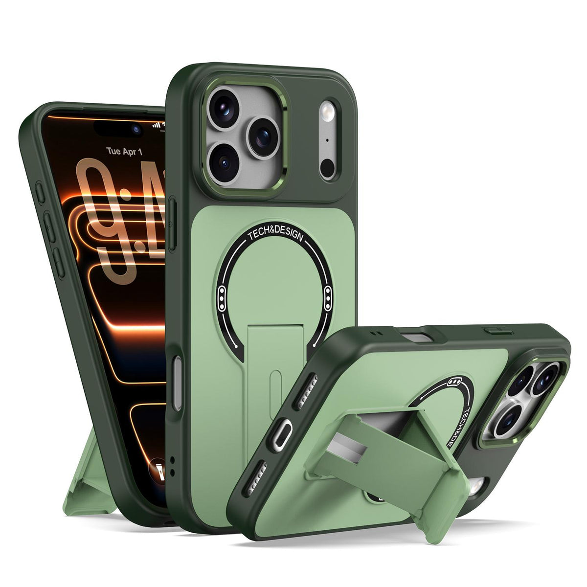 Compatible with iPhone 18 Pro Max Skin-Feel TPU Dual-Layer PC Magnetic Phone Case with Kickstand - Green