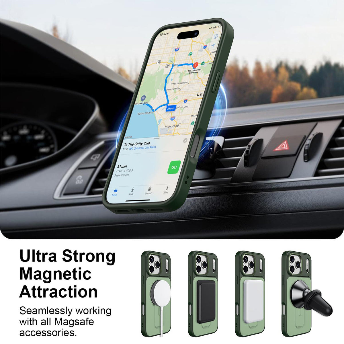 Compatible with iPhone 18 Pro Max Skin-Feel TPU Dual-Layer PC Magnetic Phone Case with Kickstand - Green