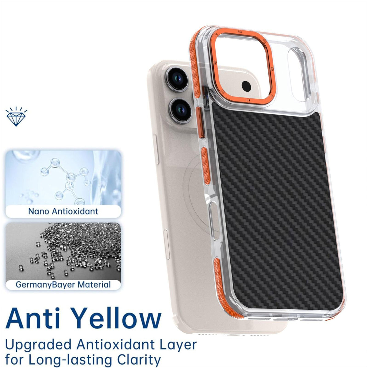 Compatible with iPhone 18 Pro Max Dual-Color Carbon Fiber Texture Acrylic Dual-Layer TPU Phone Case - Orange