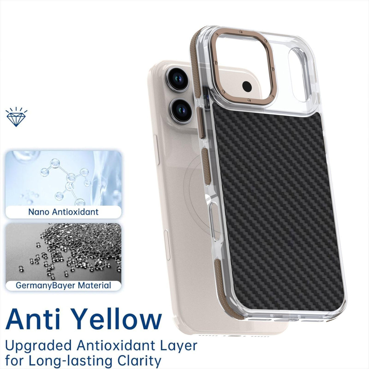 Compatible with iPhone 18 Pro Max Dual-Color Carbon Fiber Texture Acrylic Dual-Layer TPU Phone Case - Gold