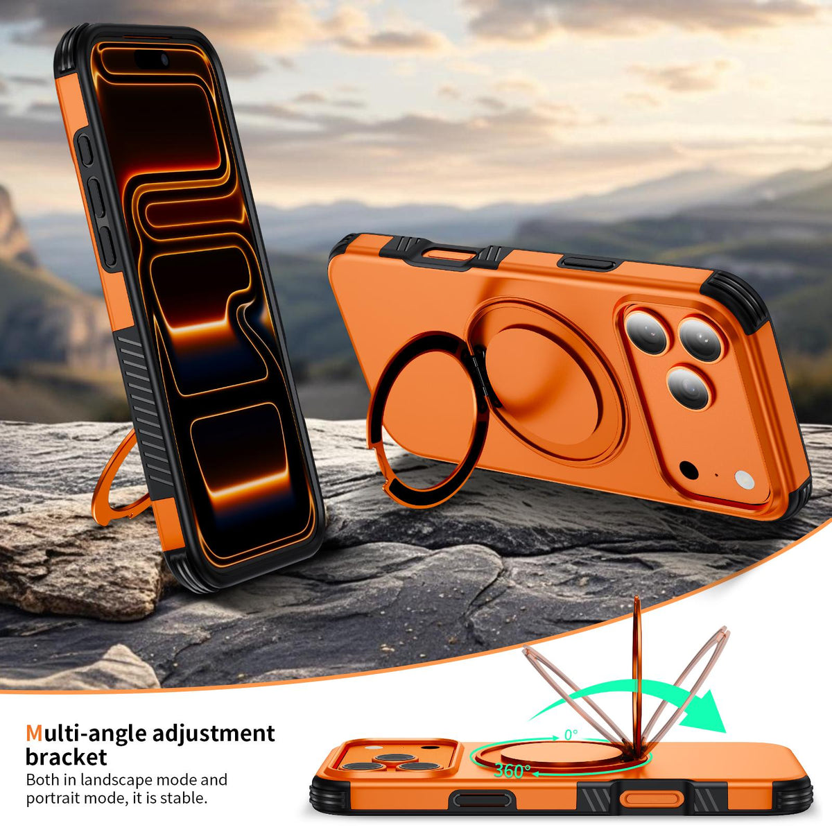 Compatible with iPhone 18 Pro Max Magnetic 360 Rotating Holder Phone Case - Orange