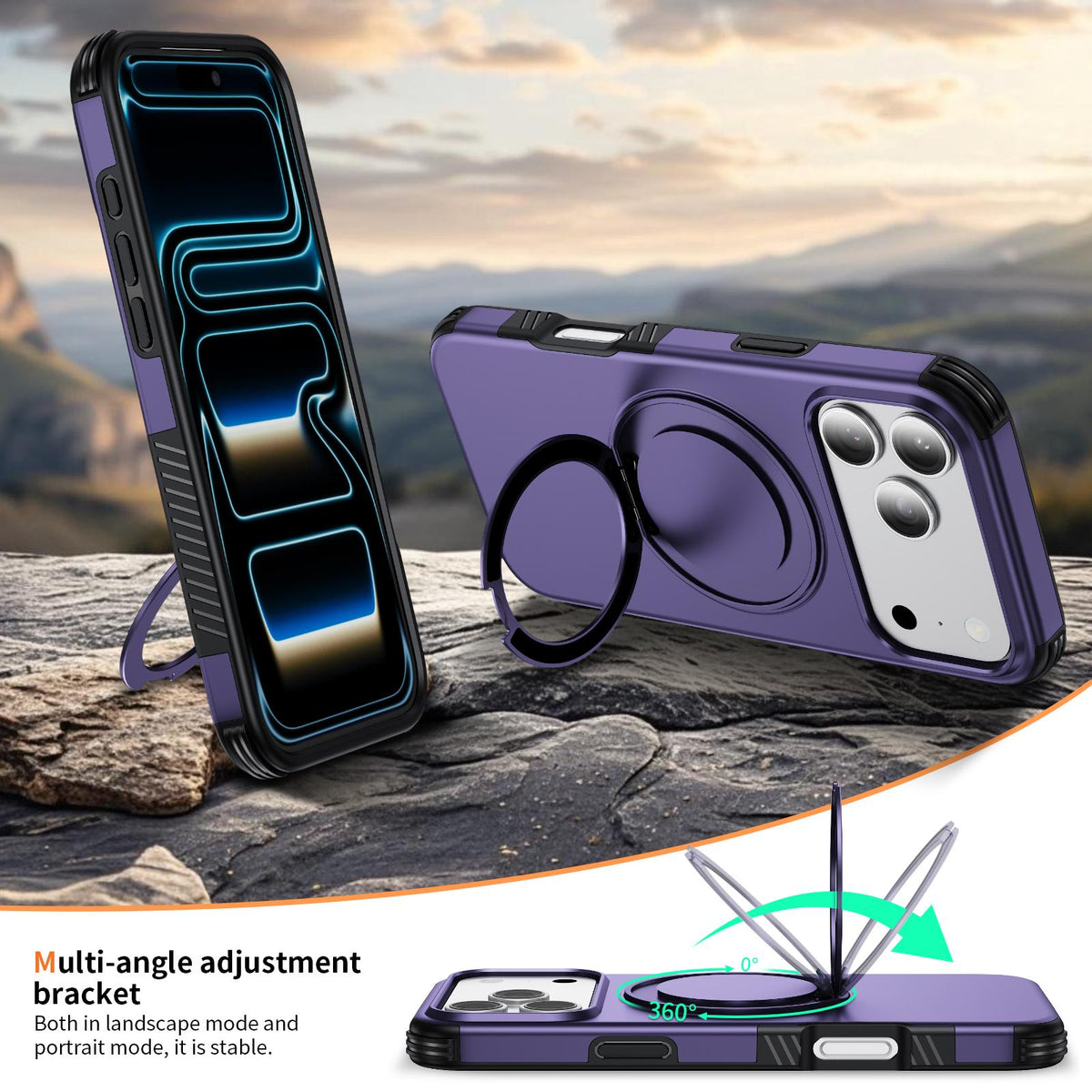 Compatible with iPhone 18 Pro Max Magnetic 360 Rotating Holder Phone Case - Dark Purple