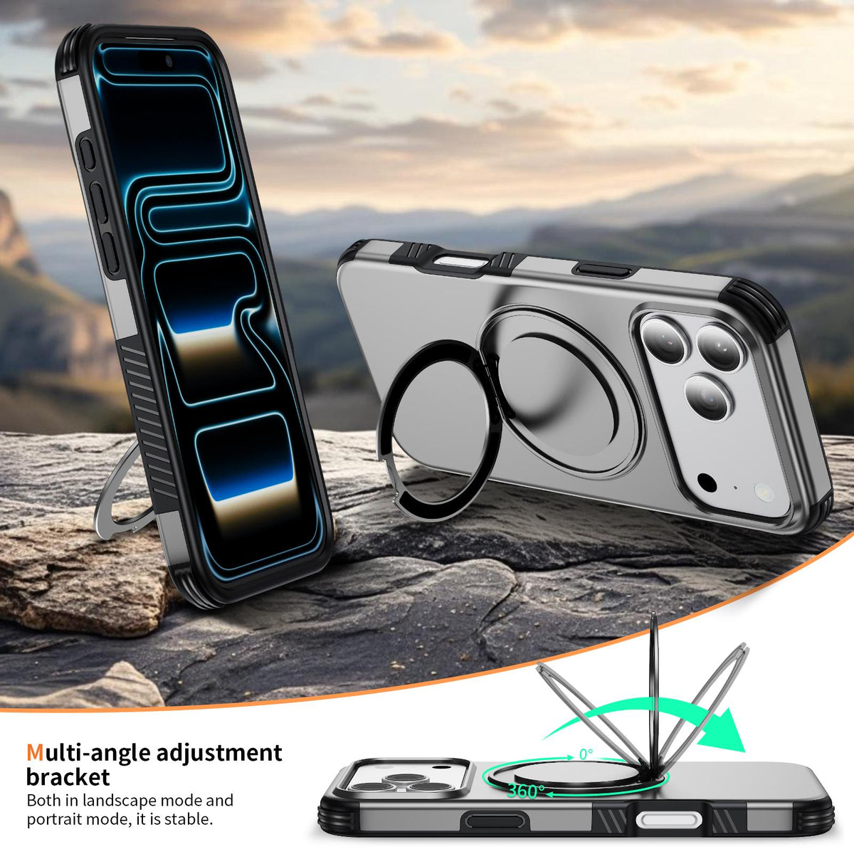 Compatible with iPhone 18 Pro Max Magnetic 360 Rotating Holder Phone Case - Silver
