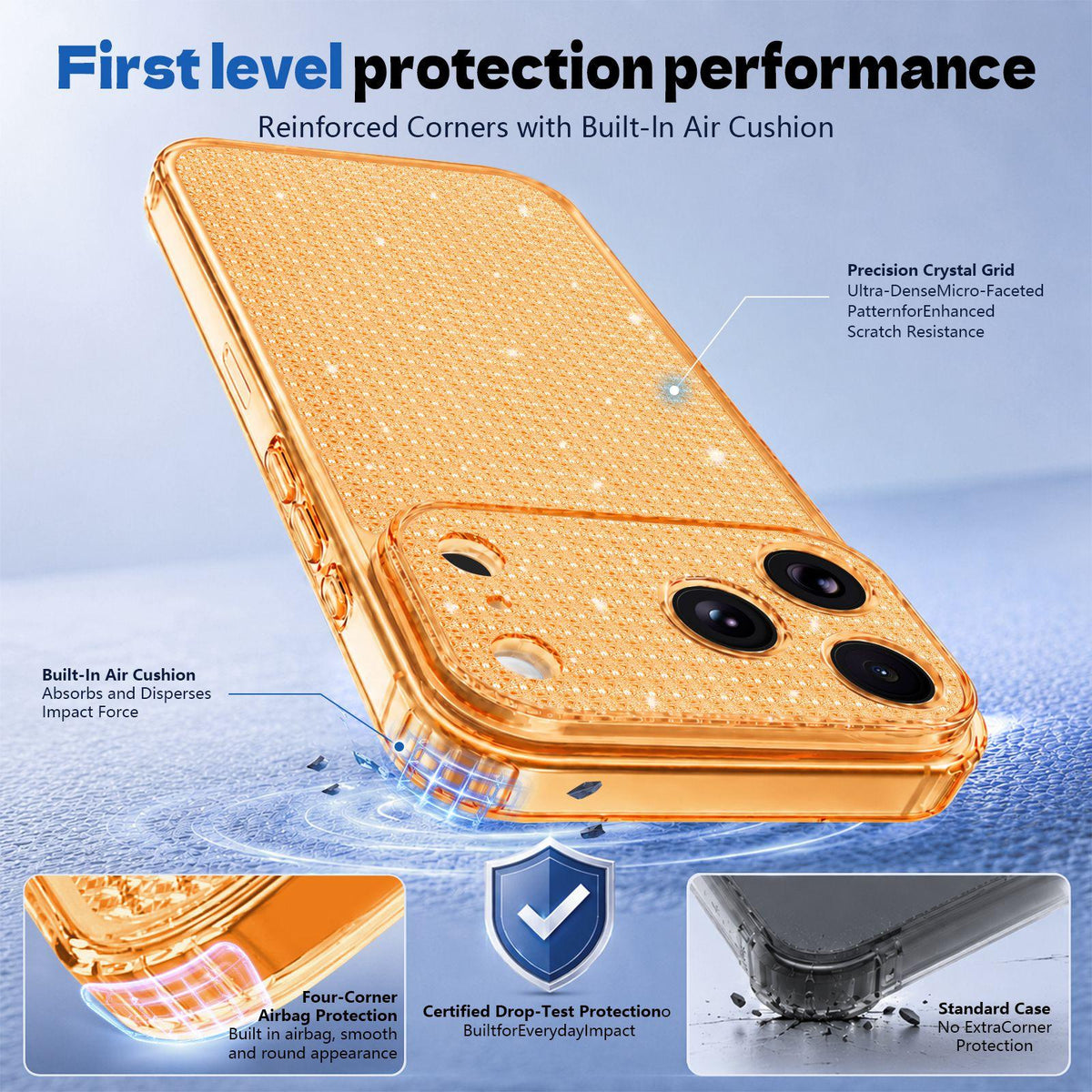 Compatible with iPhone 18 Pro Max Sparkling Diamond Glitter Airbag Phone Case - Orange
