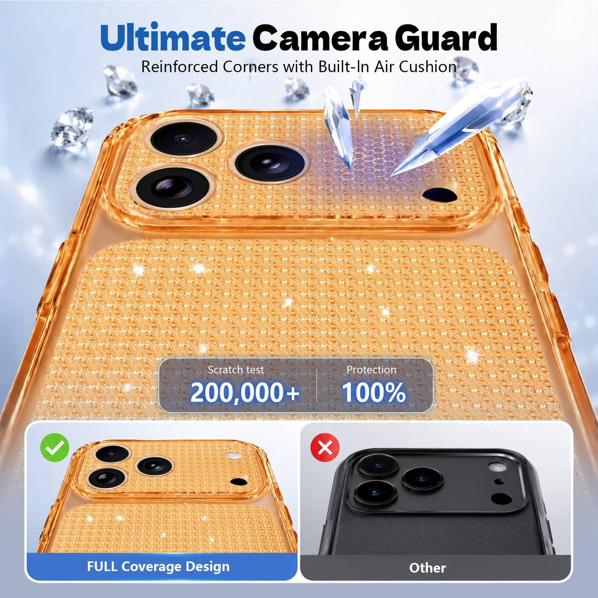 Compatible with iPhone 18 Pro Max Sparkling Diamond Glitter Airbag Phone Case - Orange