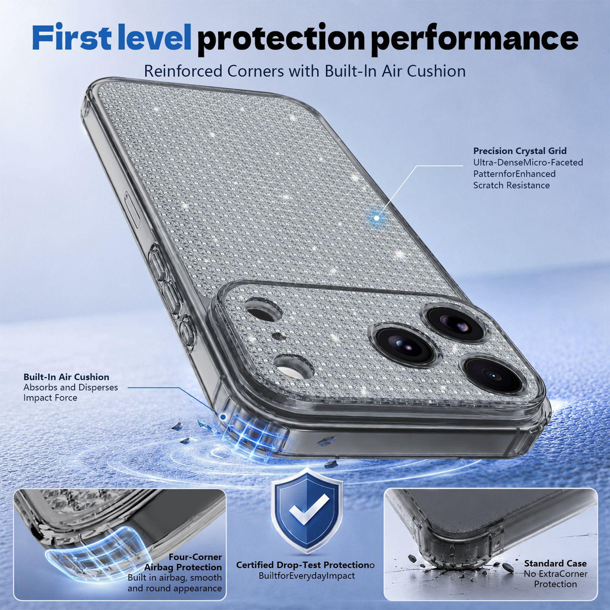 Compatible with iPhone 18 Pro Max Sparkling Diamond Glitter Airbag Phone Case - Black