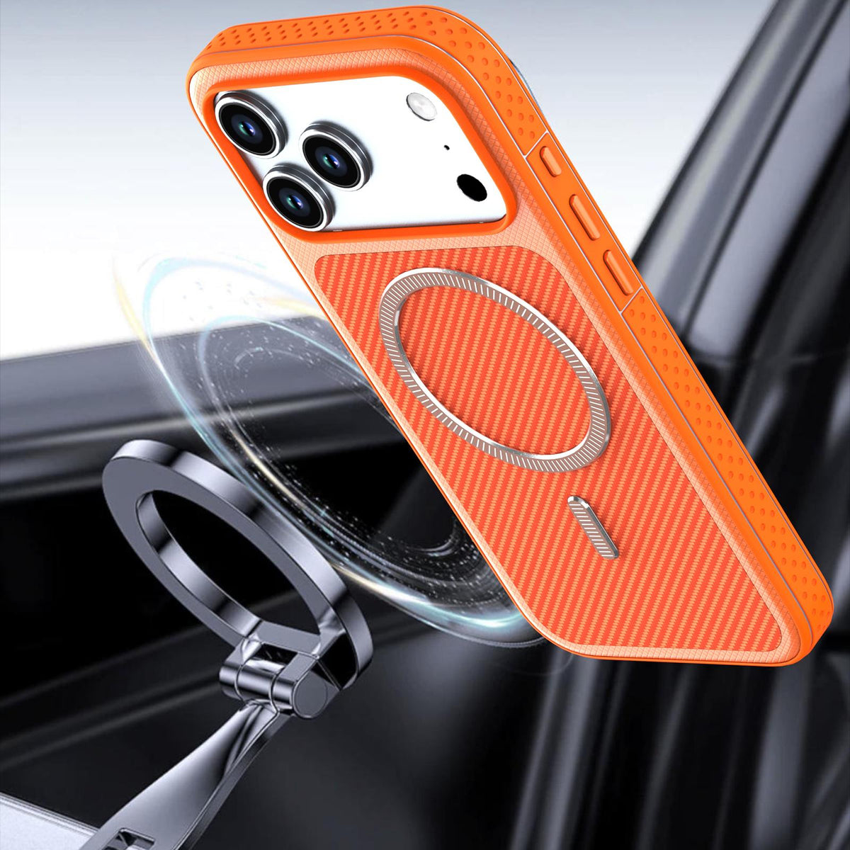 Compatible with iPhone 18 Pro Max Carbon Fiber Texture Vegan Leather Magnetic Phone Case - Orange