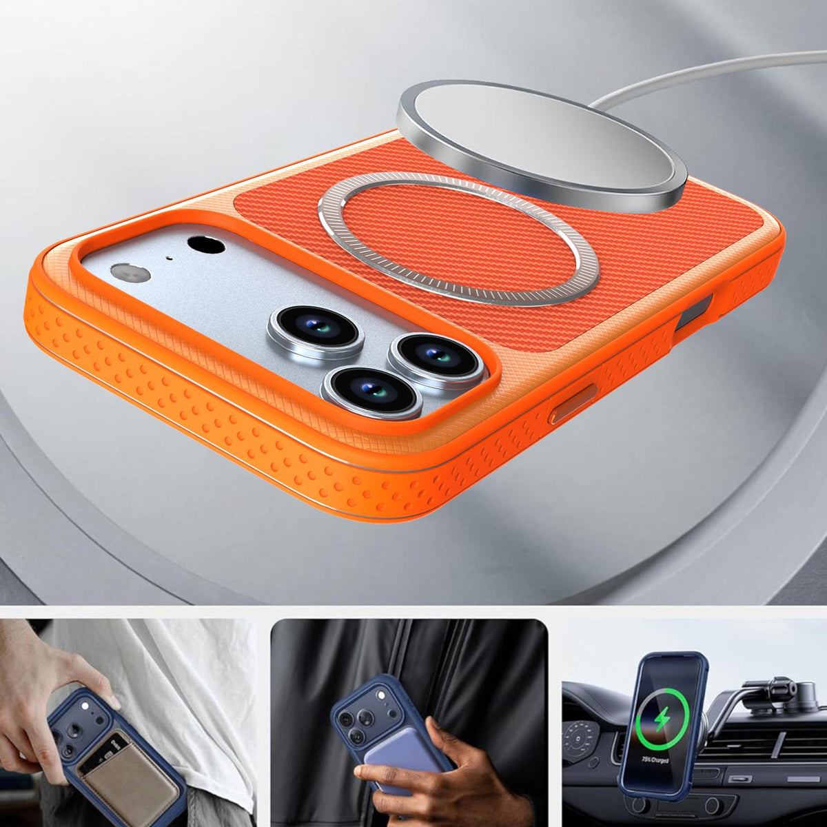Compatible with iPhone 18 Pro Max Carbon Fiber Texture Vegan Leather Magnetic Phone Case - Orange