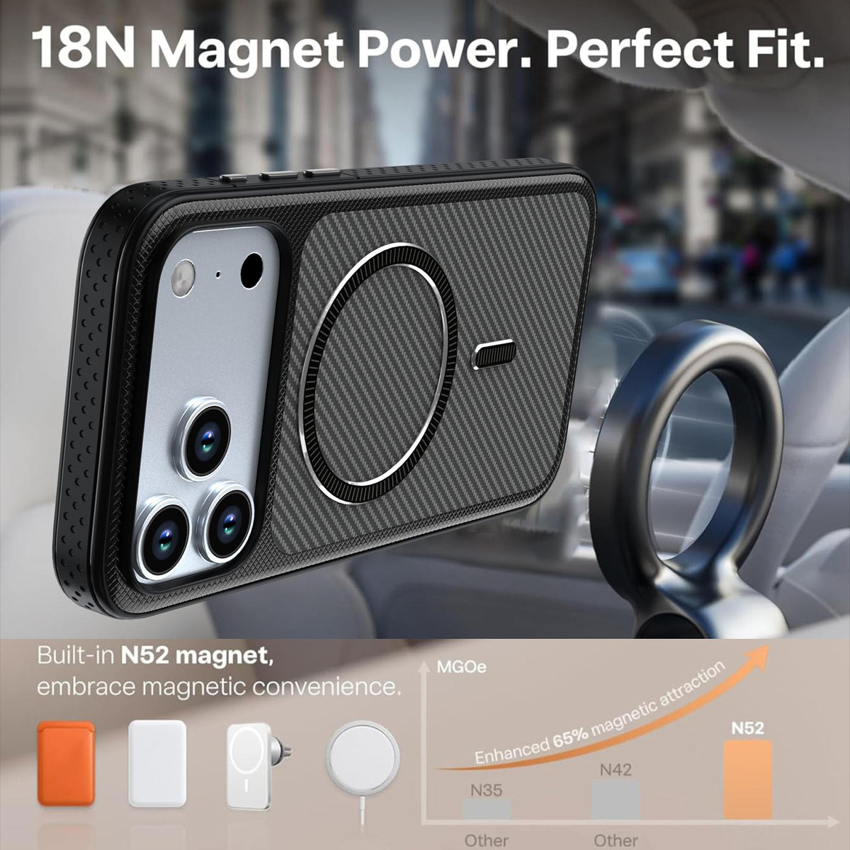Compatible with iPhone 18 Pro Max Carbon Fiber Texture Vegan Leather Magnetic Phone Case - Black
