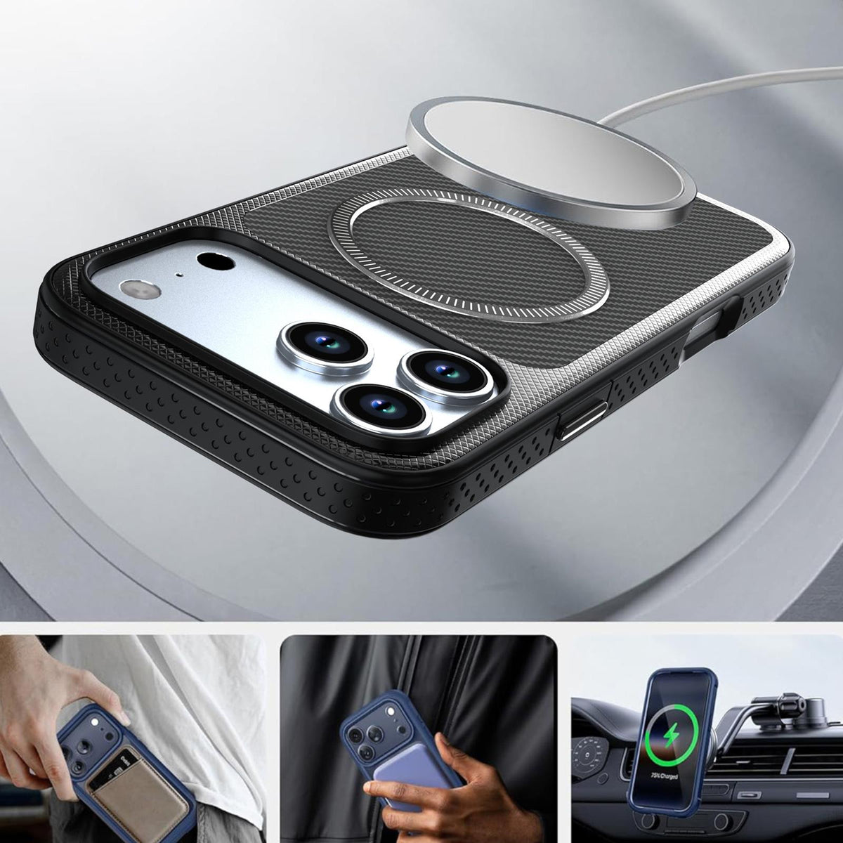 Compatible with iPhone 18 Pro Max Carbon Fiber Texture Vegan Leather Magnetic Phone Case - Black
