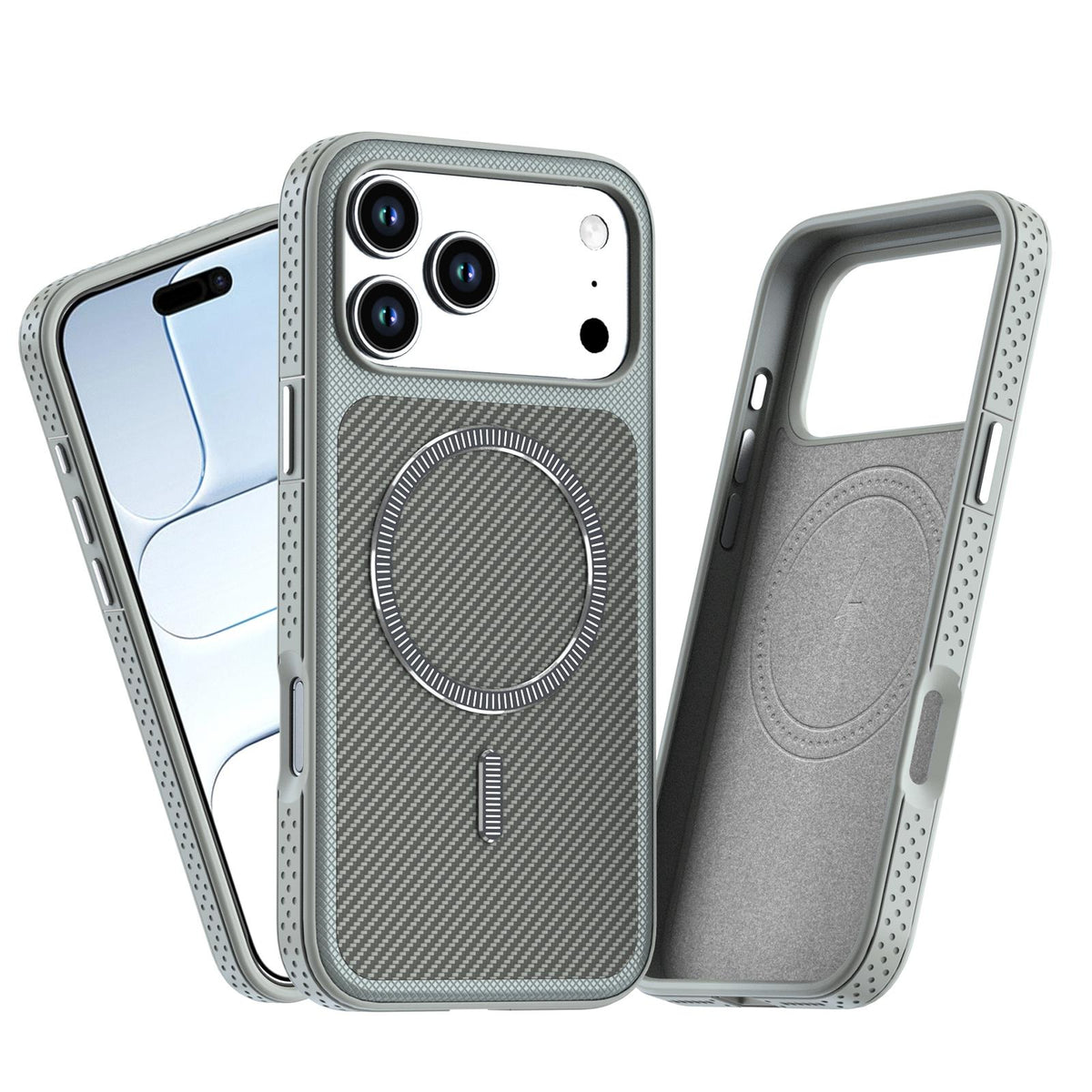 Compatible with iPhone 18 Pro Max Carbon Fiber Texture Vegan Leather Magnetic Phone Case - Grey