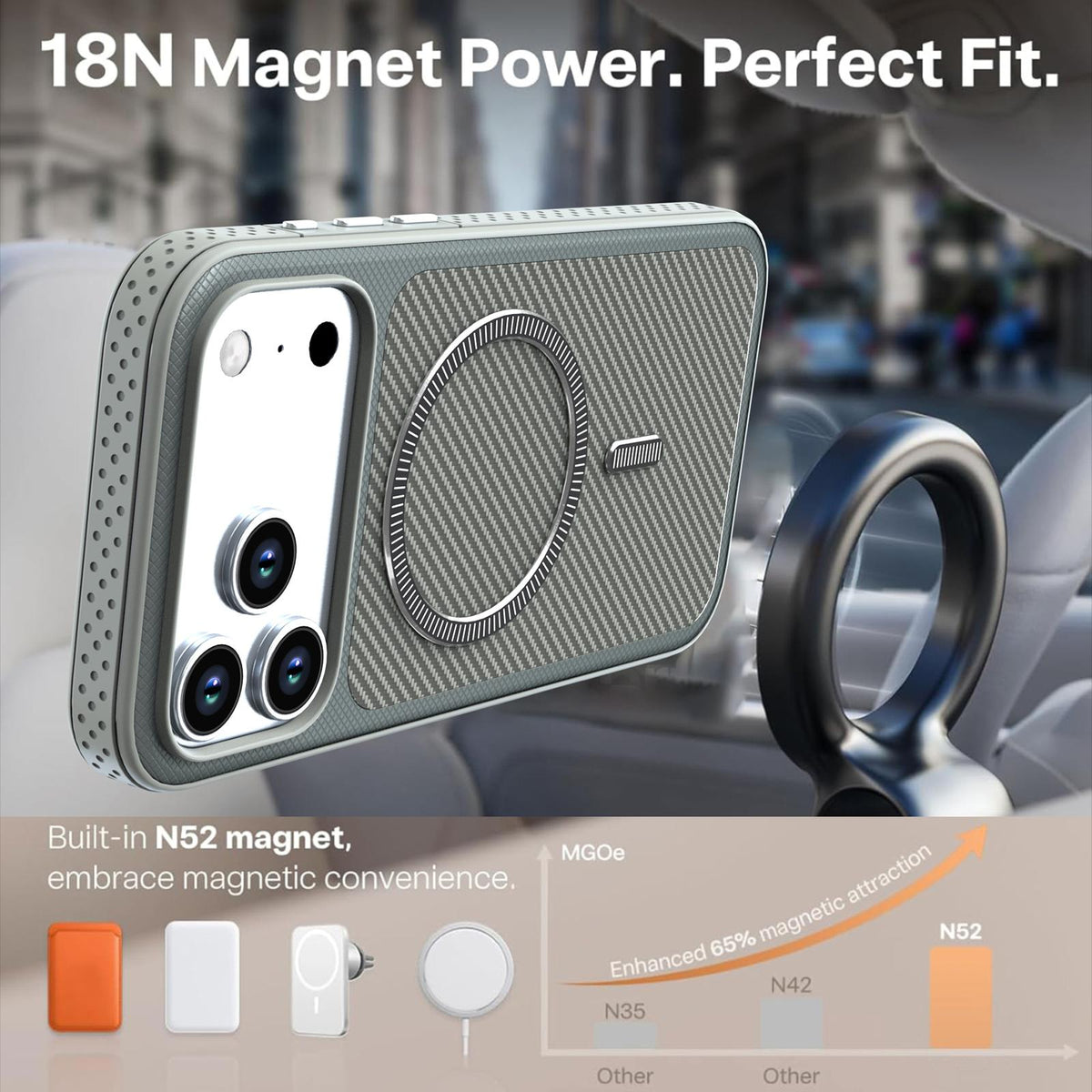 Compatible with iPhone 18 Pro Max Carbon Fiber Texture Vegan Leather Magnetic Phone Case - Grey