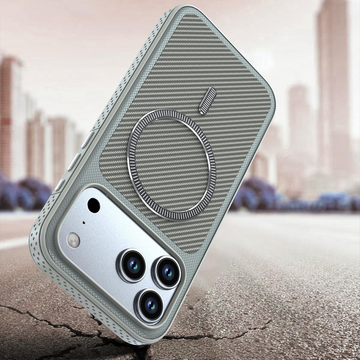 Compatible with iPhone 18 Pro Max Carbon Fiber Texture Vegan Leather Magnetic Phone Case - Grey