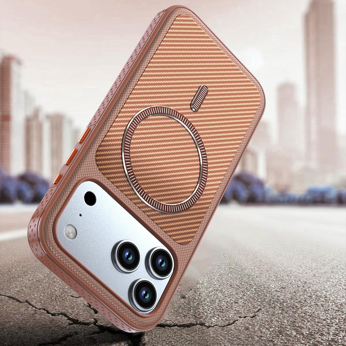 Compatible with iPhone 18 Pro Max Carbon Fiber Texture Vegan Leather Magnetic Phone Case - Brown