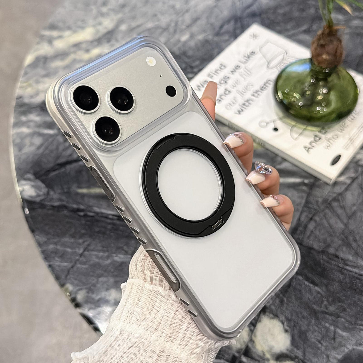 Compatible with iPhone 18 Pro Matte Translucent 360 Rotation Magnetic Holder Phone Case - Mist Black
