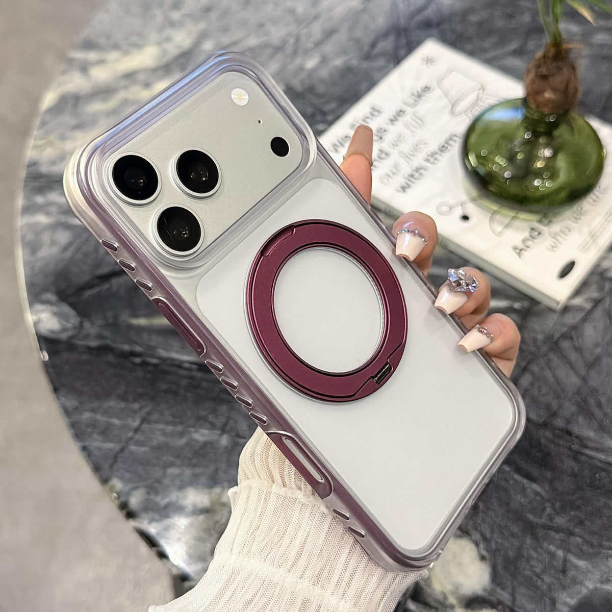 Compatible with iPhone 18 Pro Max Matte Translucent 360 Rotation Magnetic Holder Phone Case - Cherry Red