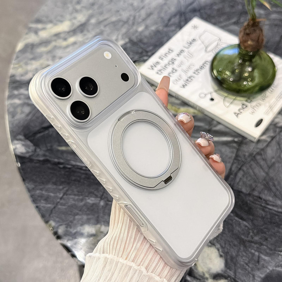 Compatible with iPhone 18 Pro Max Matte Translucent 360 Rotation Magnetic Holder Phone Case - Platinum White