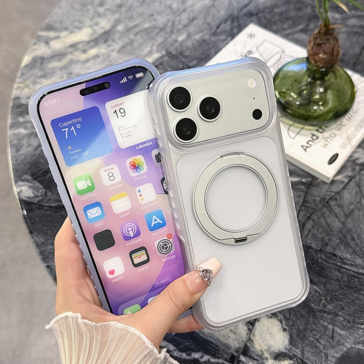 Compatible with iPhone 18 Pro Matte Translucent 360 Rotation Magnetic Holder Phone Case - Platinum White