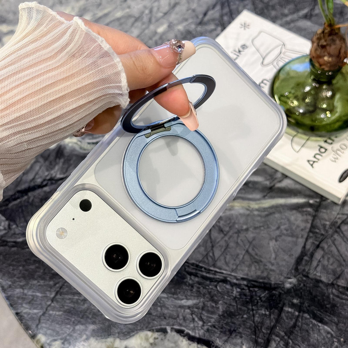 Compatible with iPhone 18 Pro Matte Translucent 360 Rotation Magnetic Holder Phone Case - Platinum White