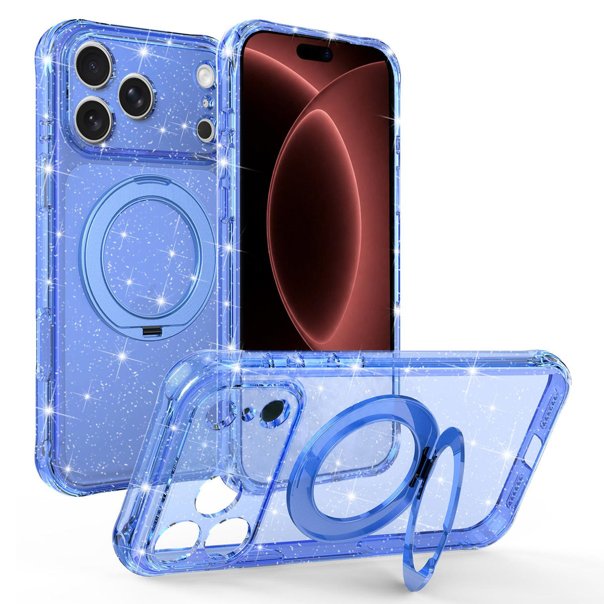 Compatible with iPhone 18 Pro Glitter 360 Rotation Magnetic Holder Phone Case - Blue