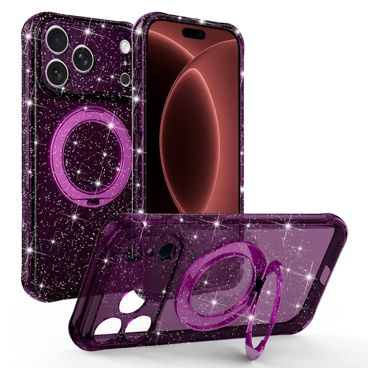 Compatible with iPhone 18 Pro Glitter 360 Rotation Magnetic Holder Phone Case - Cherry Red
