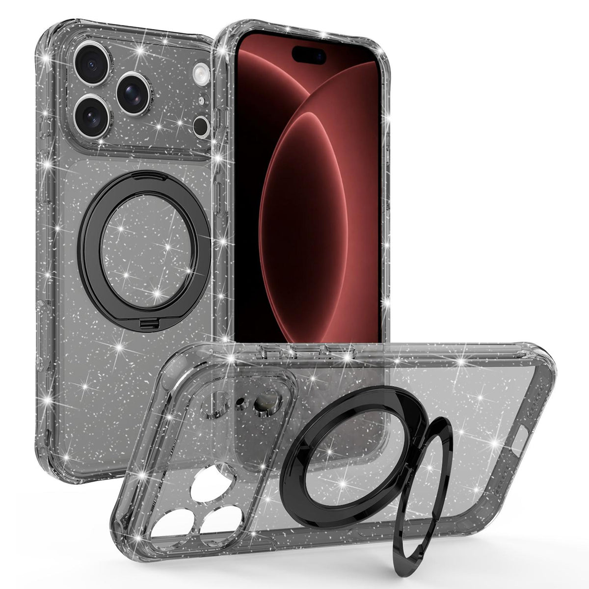 Compatible with iPhone 18 Pro Max Glitter 360 Rotation Magnetic Holder Phone Case - Black
