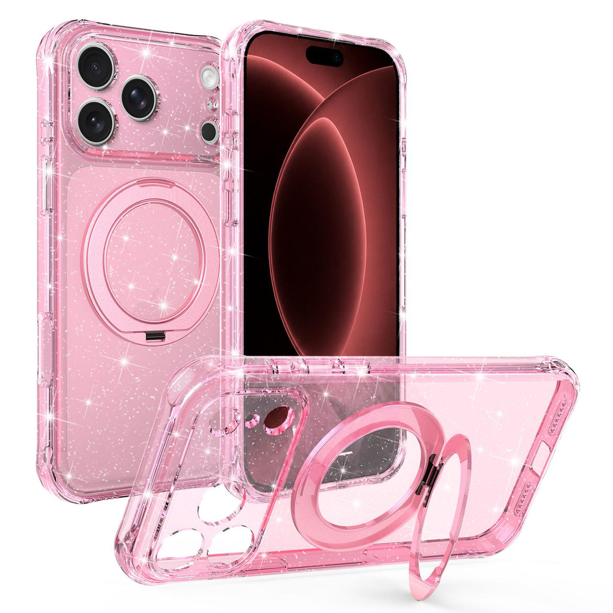 Compatible with iPhone 18 Pro Max Glitter 360 Rotation Magnetic Holder Phone Case - Pink