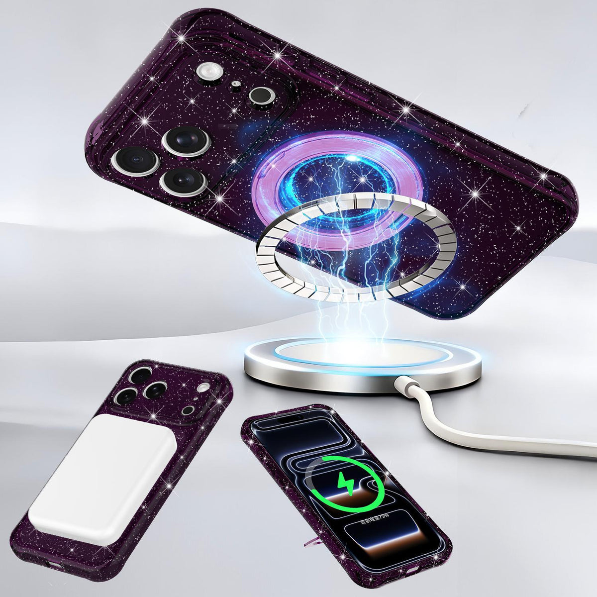 Compatible with iPhone 18 Pro Max Glitter 360 Rotation Magnetic Holder Phone Case - Black