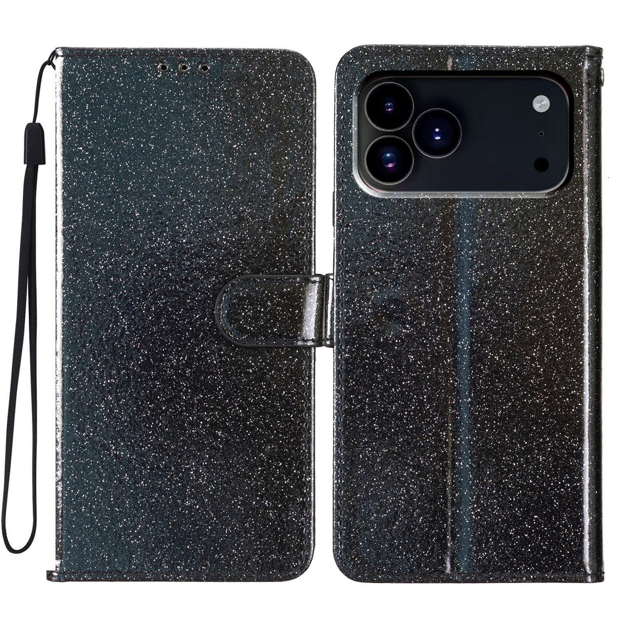 Compatible with iPhone 18 Pro Max Glitter Powder Flip Leather Phone Case - Black