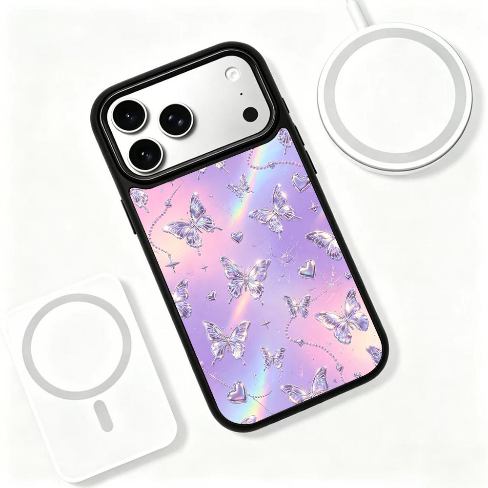 Compatible with iPhone 18 Pro Max & 17 Pro Max Colorful Painting PC Silicone Magnetic Phone Case - Millennium Pink Purple Star Butterfly