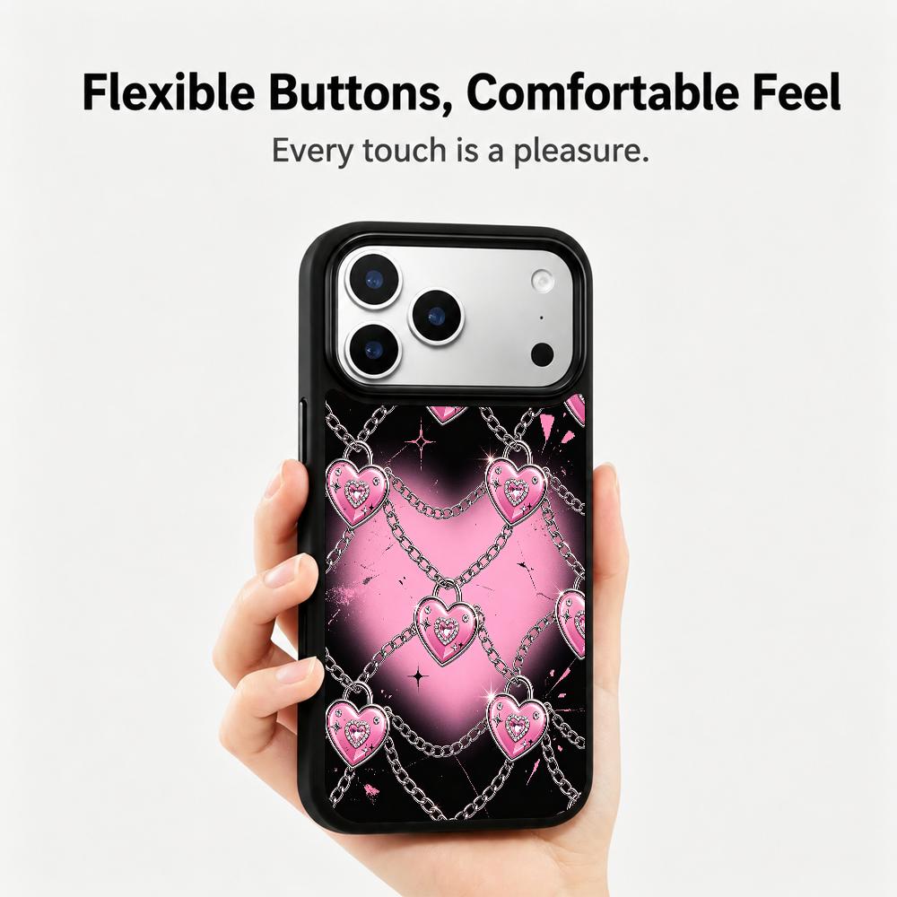 Compatible with iPhone 18 Pro Max & 17 Pro Max Colorful Painting PC Silicone Magnetic Phone Case - Black Pink Hot Girl Heart Chain