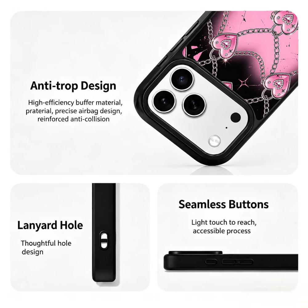 Compatible with iPhone 18 Pro Max & 17 Pro Max Colorful Painting PC Silicone Magnetic Phone Case - Black Pink Hot Girl Heart Chain
