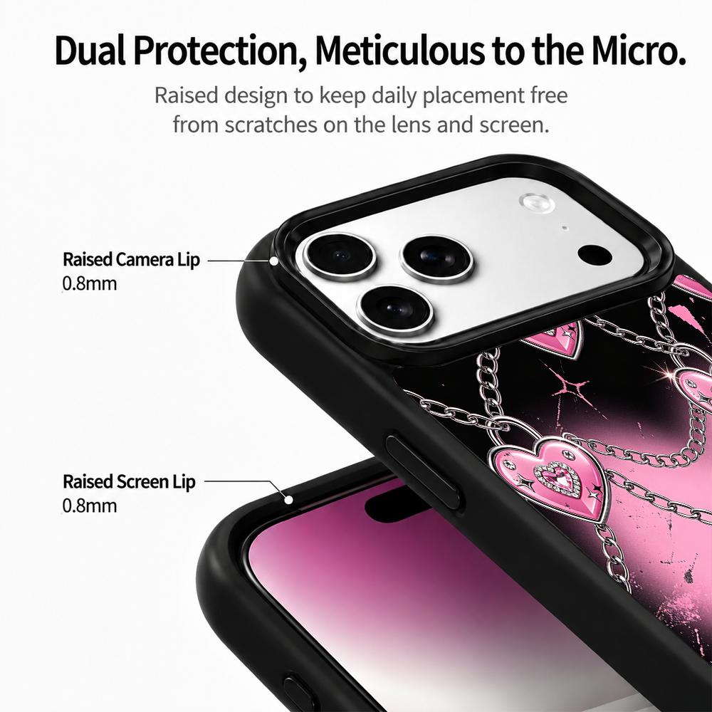 Compatible with iPhone 18 Pro Max & 17 Pro Max Colorful Painting PC Silicone Magnetic Phone Case - Black Pink Hot Girl Heart Chain