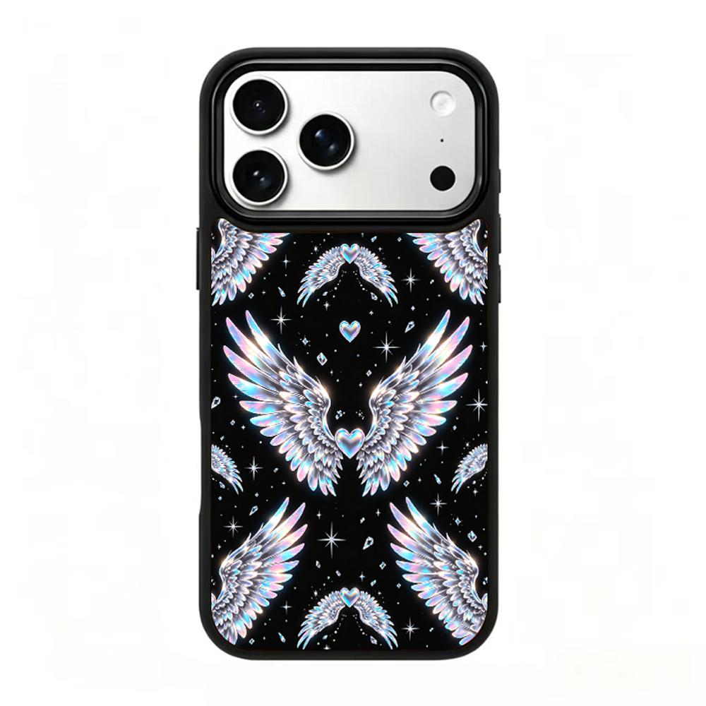 Compatible with iPhone 18 Pro Max & 17 Pro Max Colorful Painting PC Silicone Magnetic Phone Case - Holographic Silver Wing Heart Print
