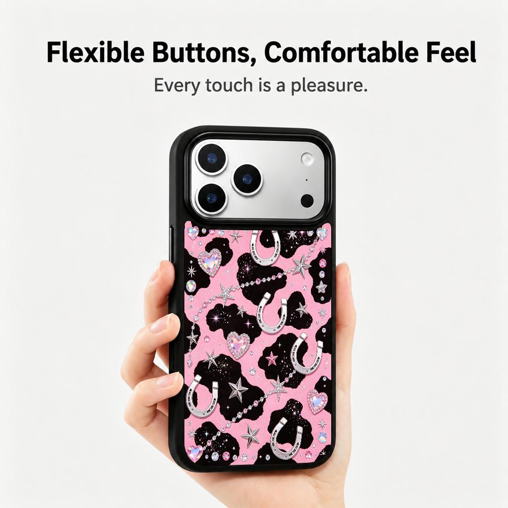 Compatible with iPhone 18 Pro Max & 17 Pro Max Colorful Painting PC Silicone Magnetic Phone Case - Black Pink Cow Silver Pattern