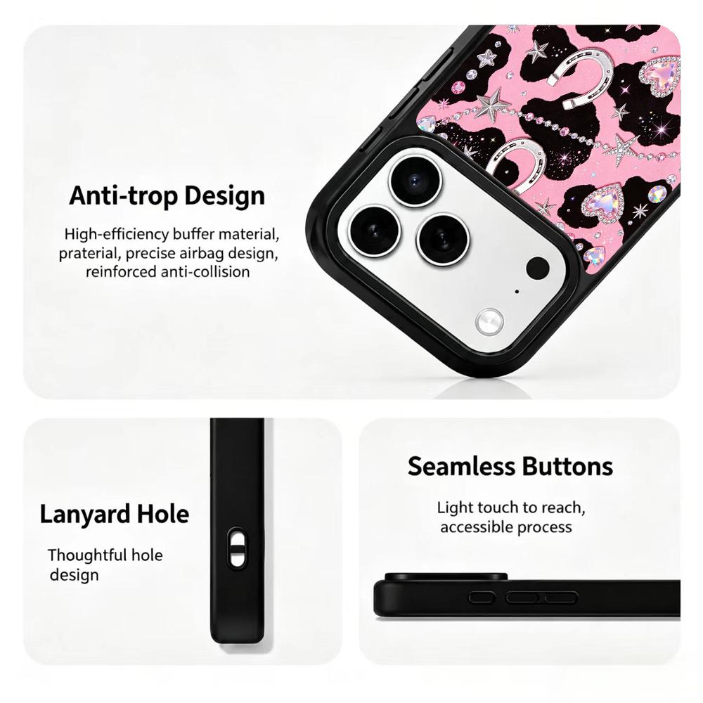 Compatible with iPhone 18 Pro Max & 17 Pro Max Colorful Painting PC Silicone Magnetic Phone Case - Black Pink Cow Silver Pattern