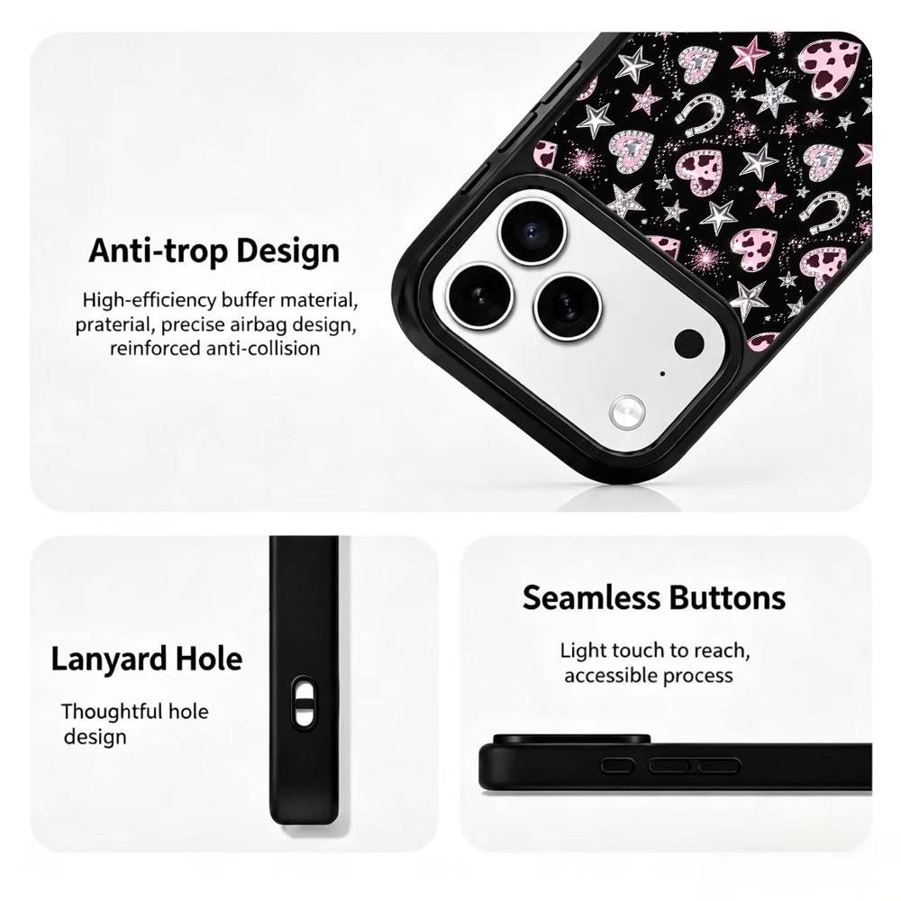 Compatible with iPhone 18 Pro Max & 17 Pro Max Colorful Painting PC Silicone Magnetic Phone Case - Black Background Pink Cow Heart Print