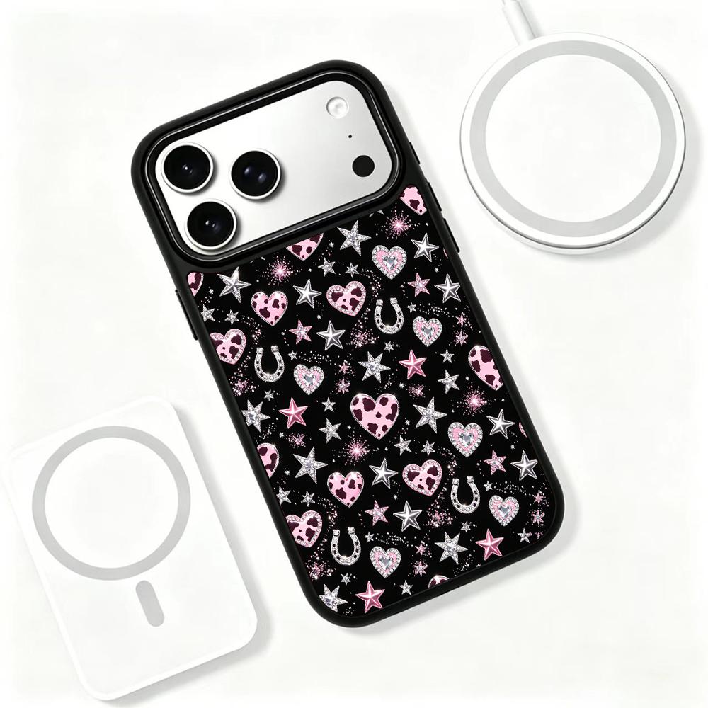Compatible with iPhone 18 Pro Max & 17 Pro Max Colorful Painting PC Silicone Magnetic Phone Case - Black Background Pink Cow Heart Print