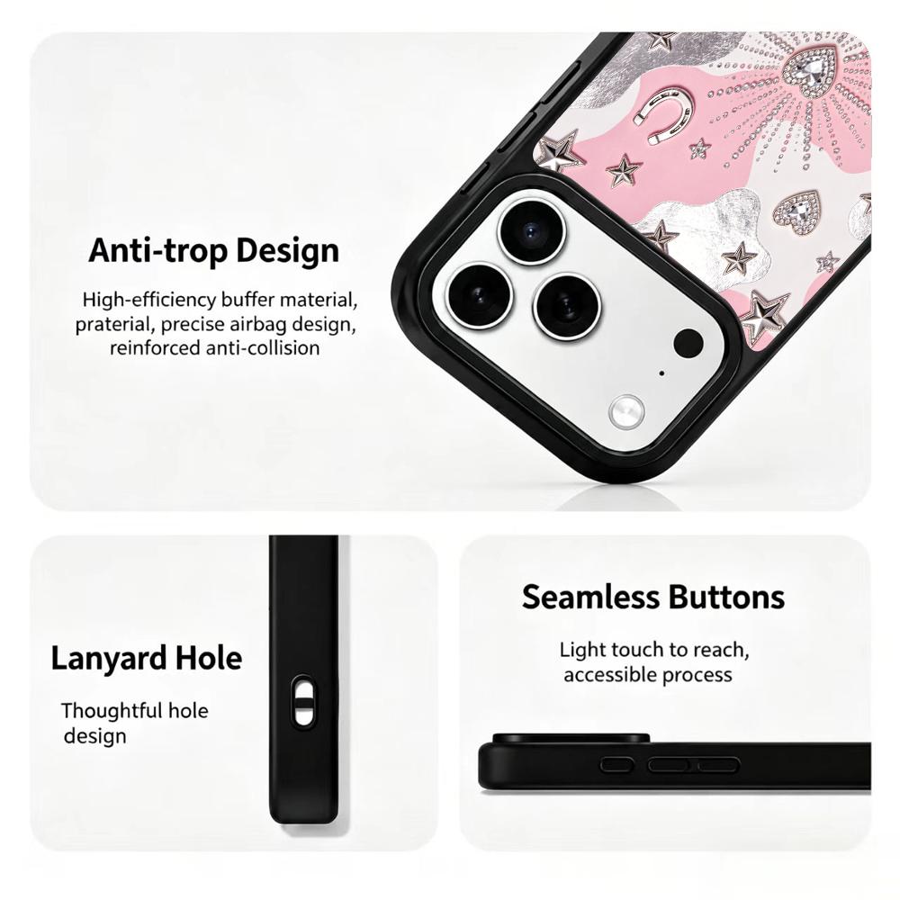 Compatible with iPhone 18 Pro & 17 Pro Colorful Painting PC Silicone Magnetic Phone Case - Pink Silver Heart Star Pattern