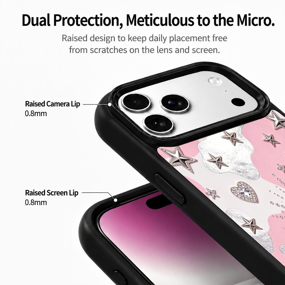 Compatible with iPhone 18 Pro & 17 Pro Colorful Painting PC Silicone Magnetic Phone Case - Pink Silver Heart Star Pattern