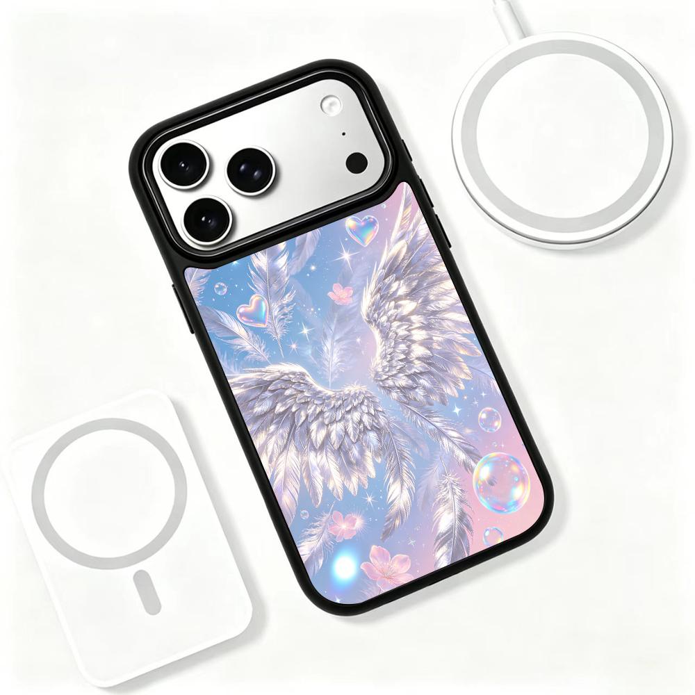 Compatible with iPhone 18 Pro & 17 Pro Colorful Painting PC Silicone Magnetic Phone Case - Silver Wing Cherry Blossom Bubbles