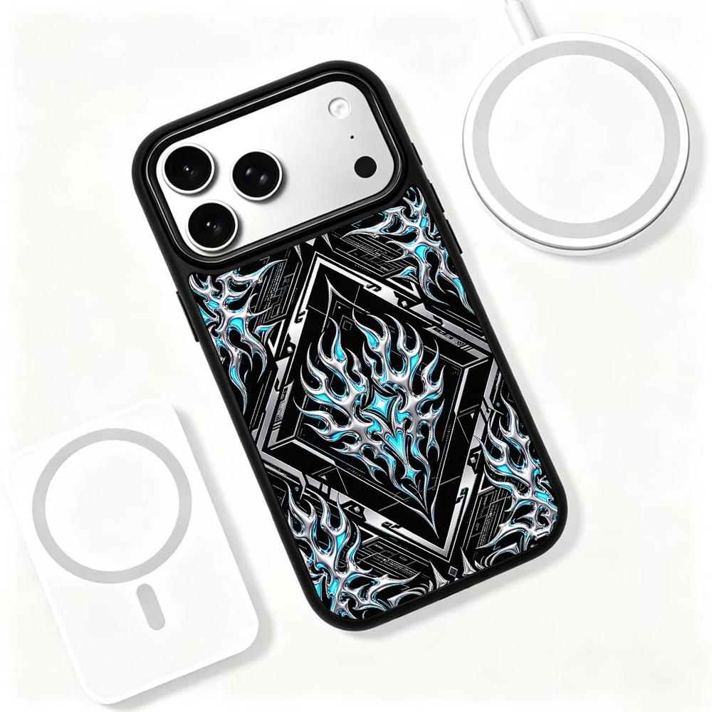 Compatible with iPhone 18 Pro Max & 17 Pro Max Colorful Painting PC Silicone Magnetic Phone Case - Diamond Flame Blue